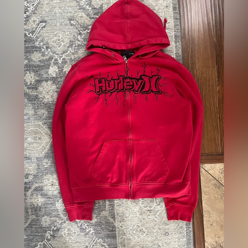 Y2K Grunge, With Sick Lightning Embroidered Design, Red Hurley Zip Up Hoodie